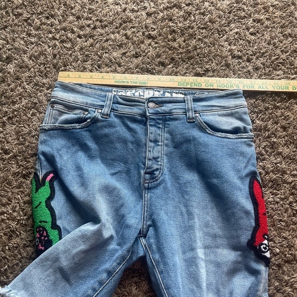 Ice cream Bill Breaker medium wash blue button fly patches distress jeans - Picture 11 of 15